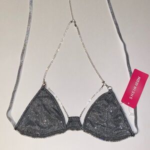 Sm Rhinestone Chain Metallic Bra Bralette Shein Icon Silver Gunmetal Bikini Top